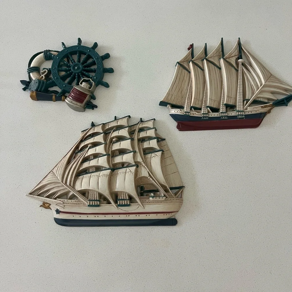 Vtg 1980s Burwood Home Interiors Nautical‎ Wall Art Ship Boat Wheel Set Of 3